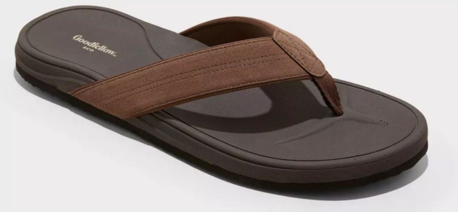 Men’s brown and dark gray flip-flop sandal from Goodfellow & Co. with wide fabric straps and a contoured footbed, shown on a white background.