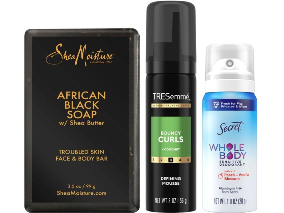 shea moisture soap, tressemme travel size mousse and secret all over deodorant travel size
