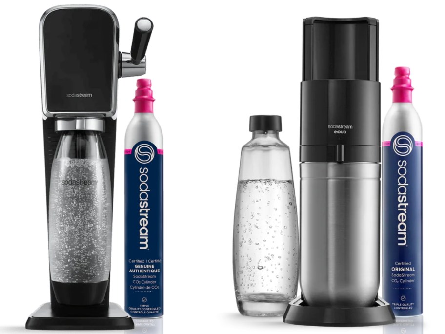 a black SodaStream Art Machine and a black SodaStream E-Duo machine, both have reusable bottles and CO2 cylinders