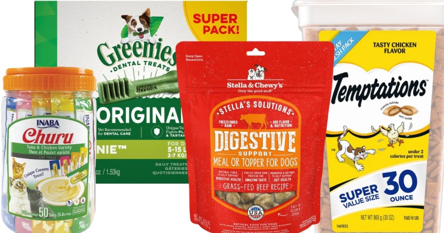 Inada Churu cat treats container, Greenies dog treats box, dogs Digestive topper, and Temptations cat treats container
