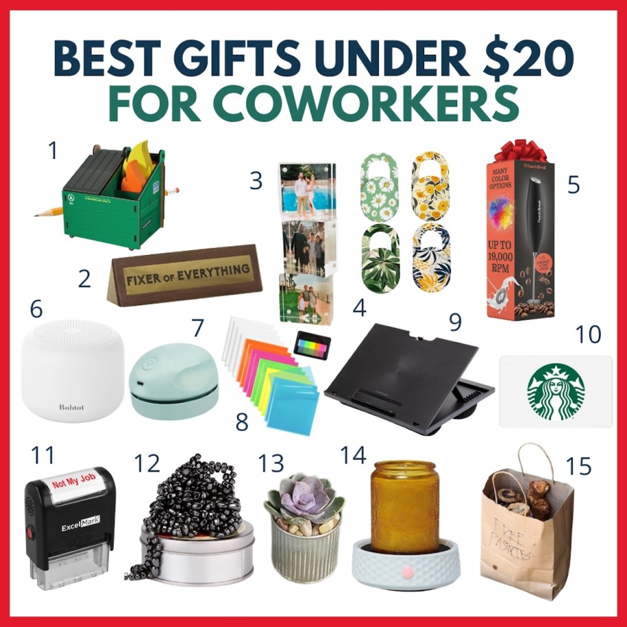Best gifts under 25 for coworkers with collage of various giftable items 