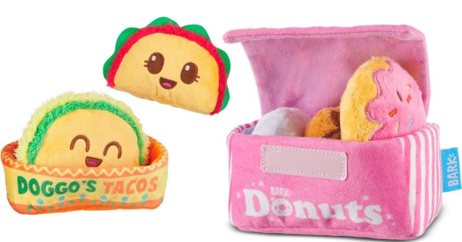 a dog plush taco toy set and a plush pink box of plush donut dog toys