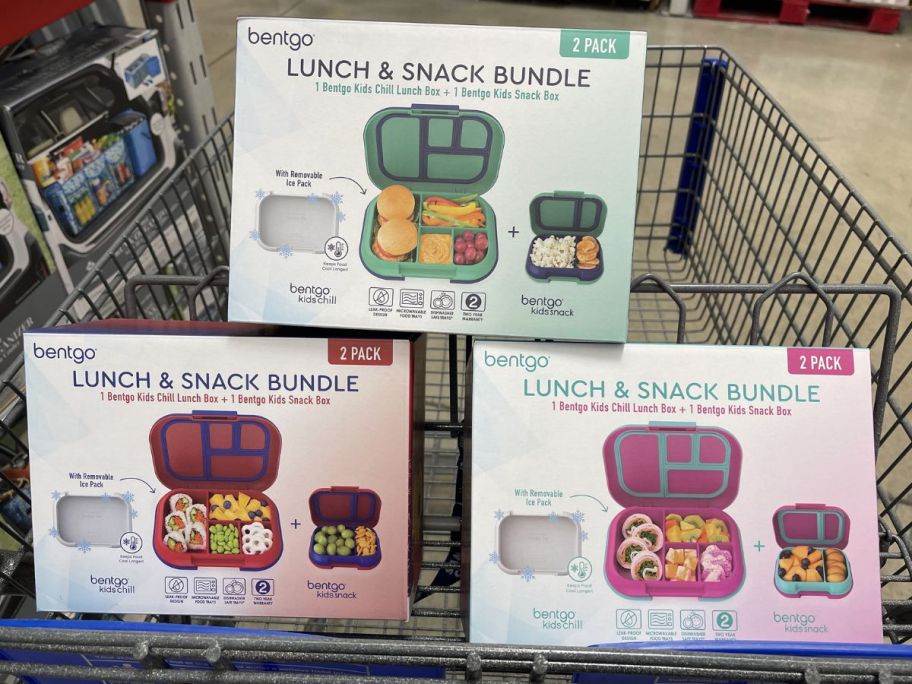 A cart with three different color Bentgo Kids Chill Lunch Box + Bentgo Kids Snack Box sets
