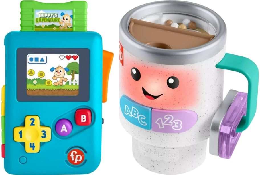 a kids play gaming device and a learning toy travel cup of coffee