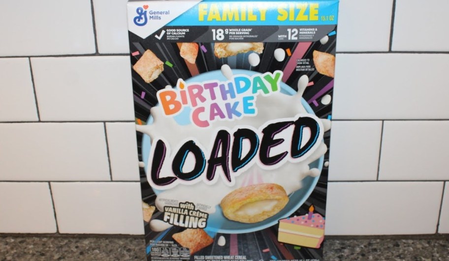 General Mills Birthday Cake Loaded Cereal 15.1oz on kitchen counter