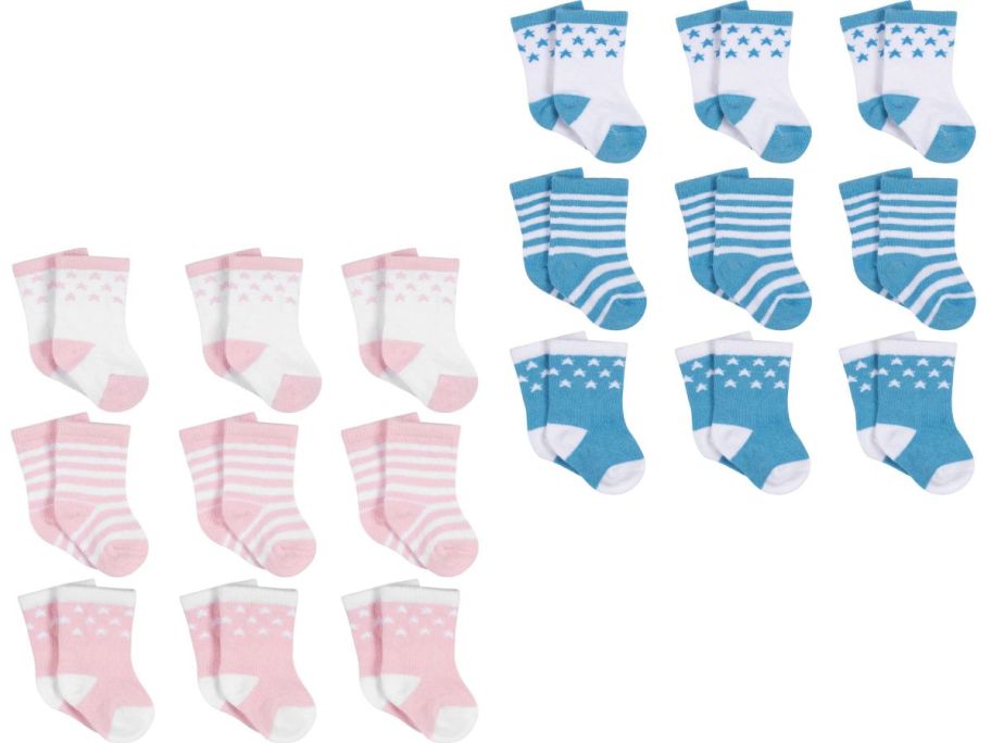 Stock images of two 9-packs of Gerber baby socks