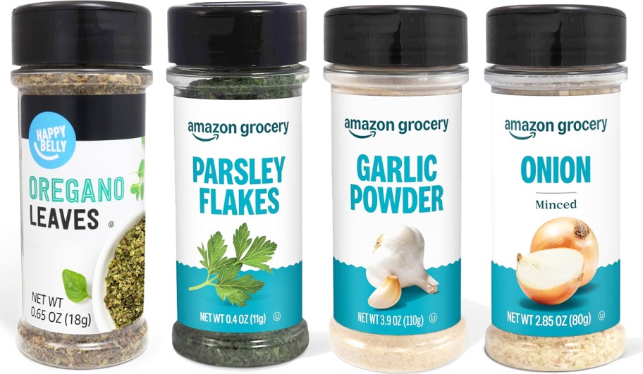 jars of oregano, parsley, garlic powder, and minced onion