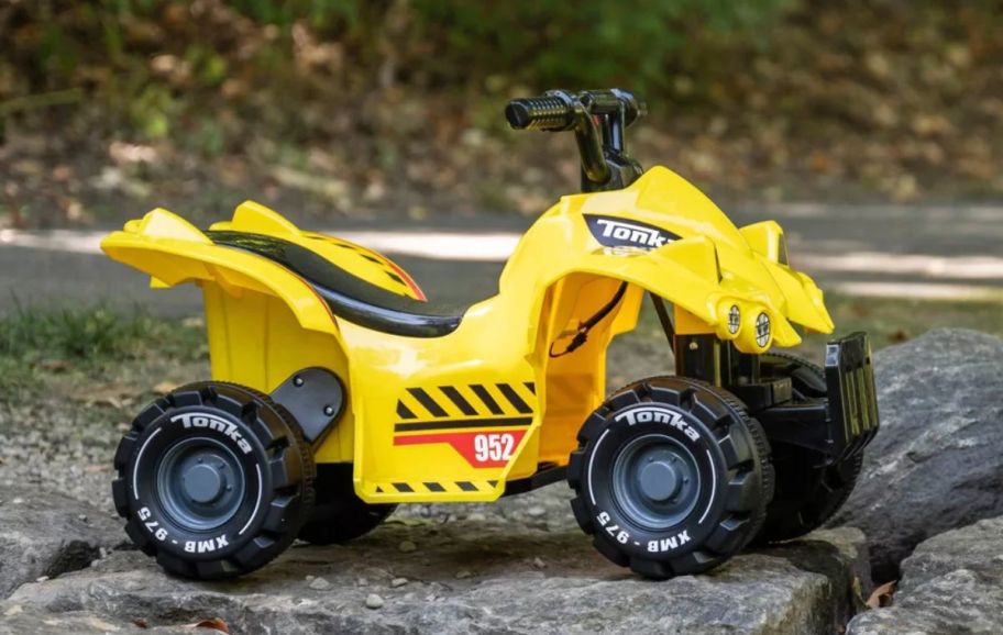 yellow powered ride on atv