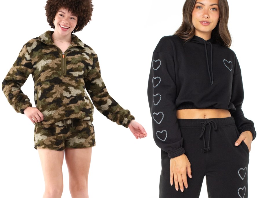 No Boundaries Women's Half Zip Pullover and Shorts Plush Set and Celebrity Pink Juniors Cropped Hoodie and Boyfriend Jogger Set with Heart Print Detail
