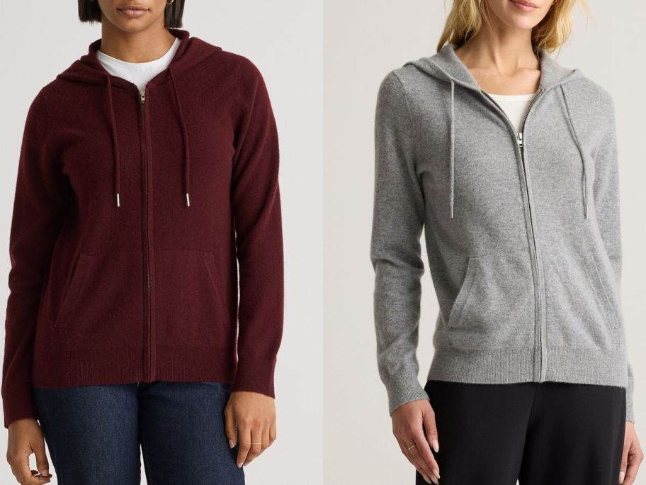 Stock images of two women wearing Quince Mongolian Cashmere Full-Zip Hoodies