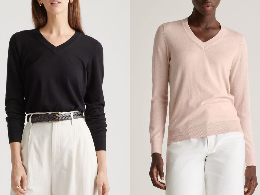 Stock images of two women wearing Quince Lightweight Cotton Cashmere V-Neck Sweaters