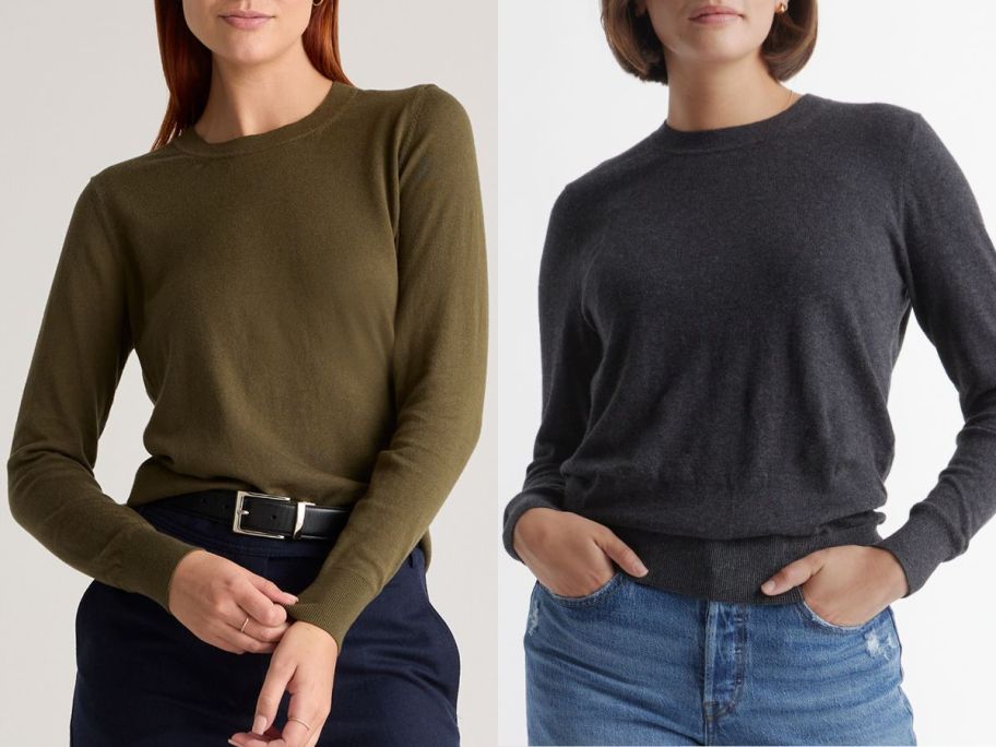 Stock images of two women wearing Quince Lightweight Cotton Cashmere Crew Sweaters