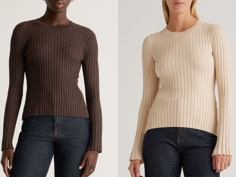 Stock images of two women wearing Quince Cotton Cashmere Ribbed Long Sleeve Sweater