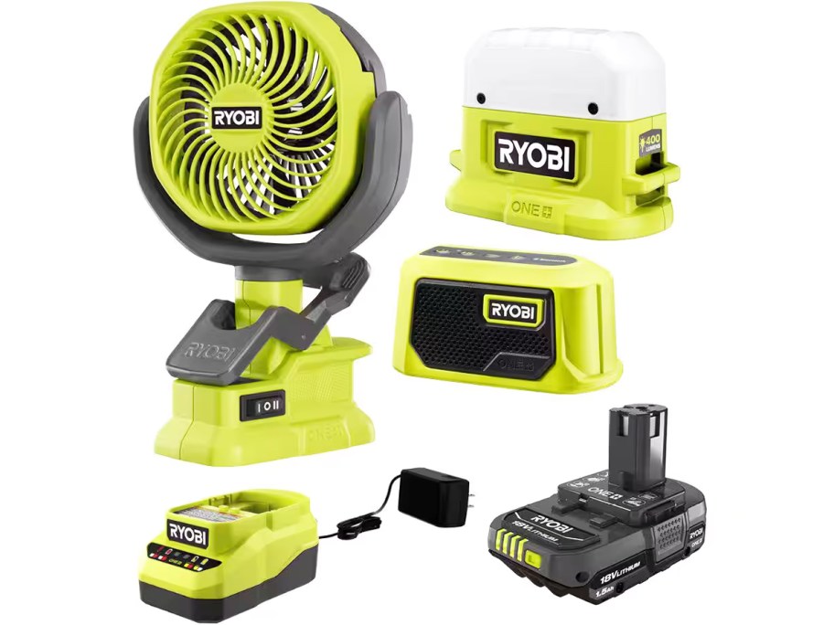green and black fan, light, speaker, charger, and battery
