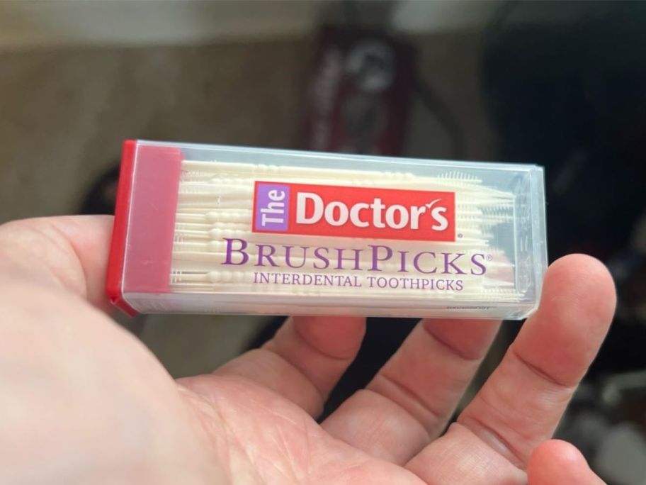 hand holding a pack of The Doctor's Brushpicks Interdental Toothpicks in a plastic container.