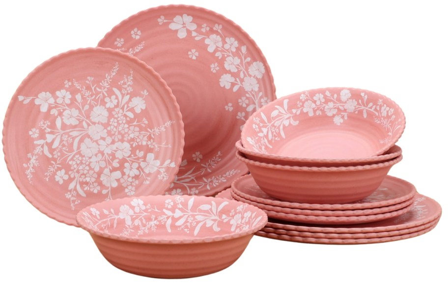 12-Piece Bamboo Melamine Dinnerware Set in pink