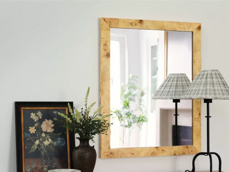 Threshold designed w/ Studio McGee 24" x 30" Burl Wood Wall Mirror on wall on living room