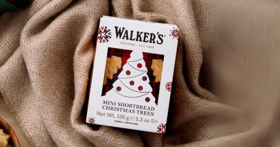 Walker's Shortbread Christmas Tree-Shaped Mini Holiday Cookies 5.3oz Box on cloth