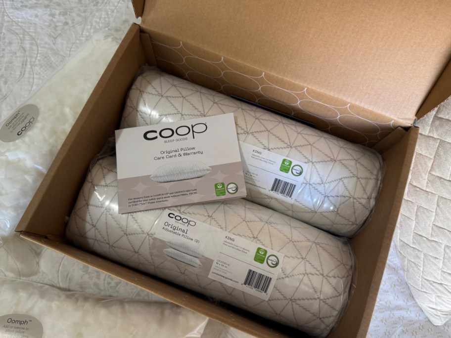 Coop pillows inside the box they come in