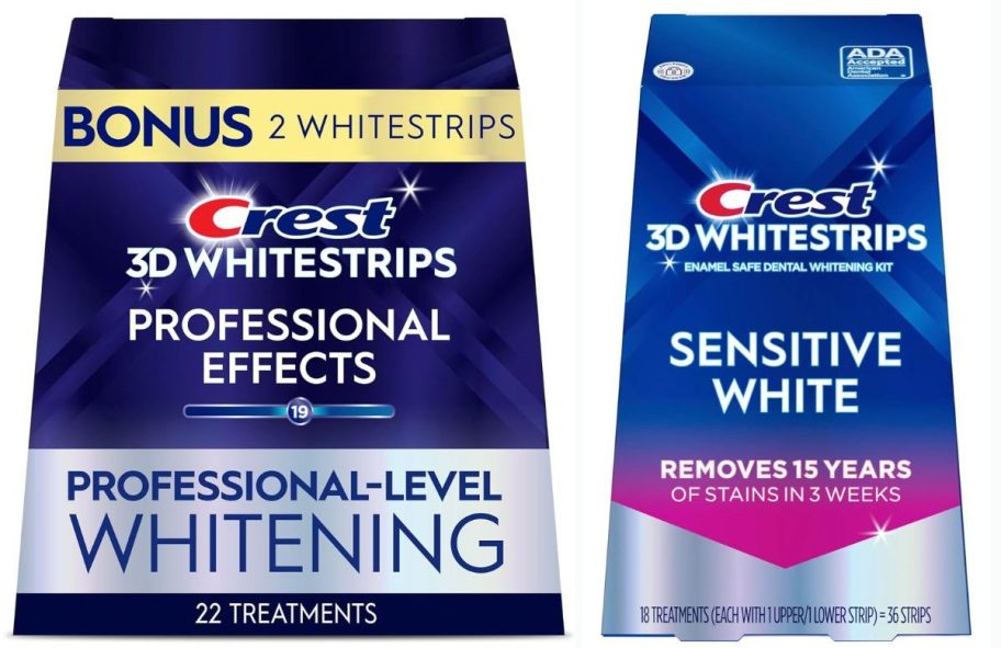 two boxes of different Crest whitening strips 