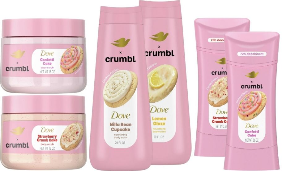 crumbl dove body scrubs, washes and deos