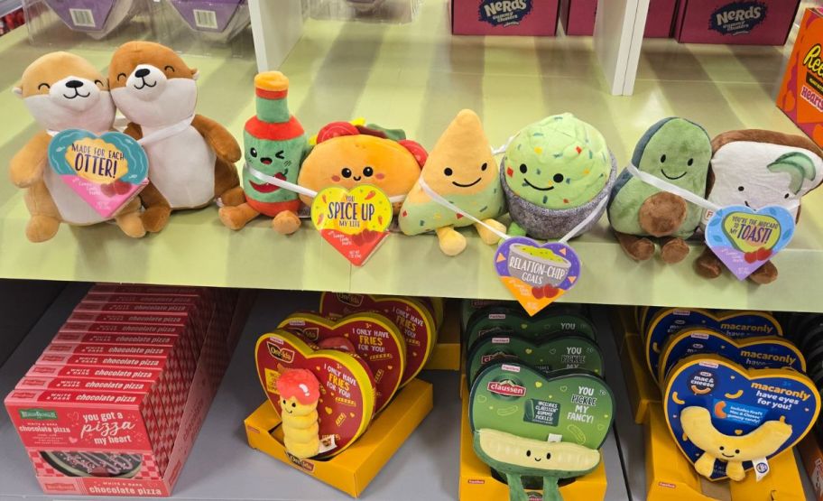 valentines day food themed plush gifts on a store shelf