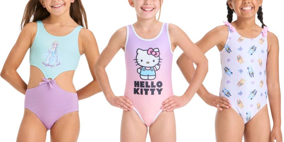 3 girls wearing character swim suits