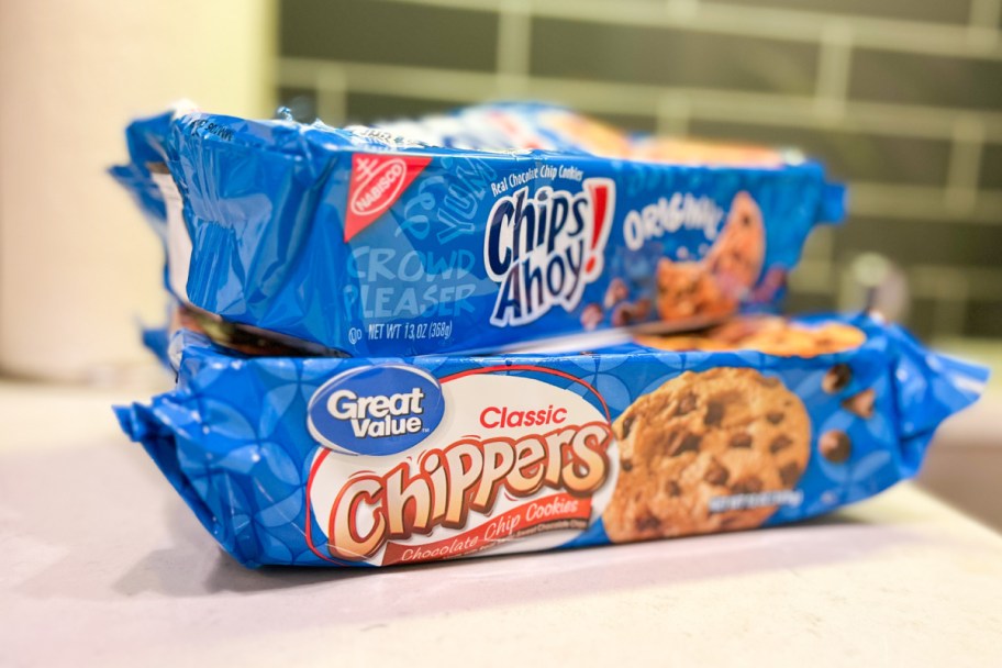 two boxes of chocolate chip cookies stacked