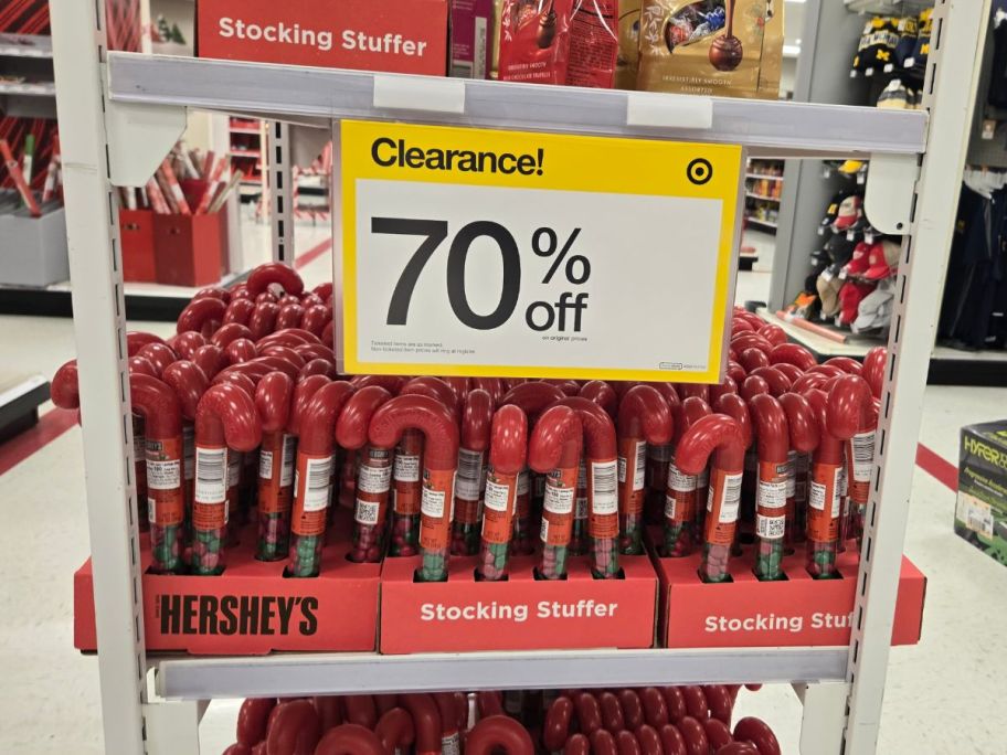 hershey kisses holiday stocking stuffers on a kiosk in a store