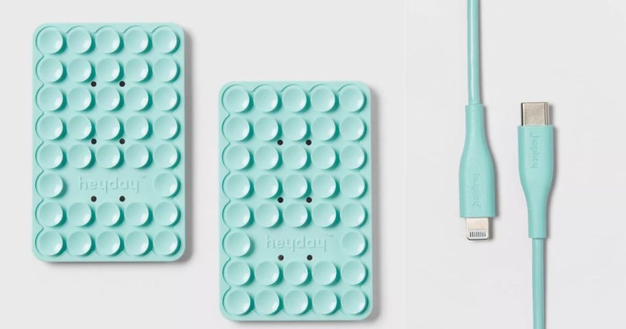 a teal Heyday Suction Mount Phone Holder 2-Pack and a Lightning to USB-C Round Cable