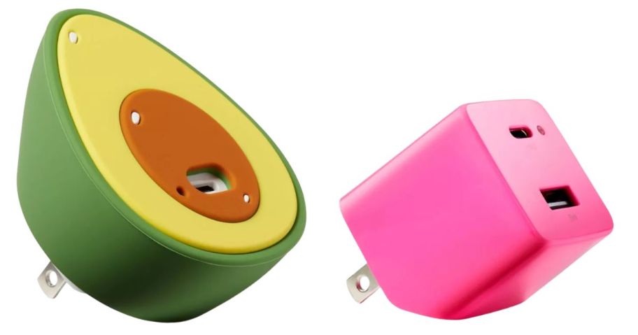 a heyday avocado shaped wall charger and a heyday pink wall charger