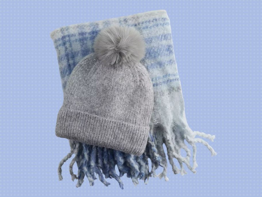 Madden Girl Plaid Scarf & Rhinestone Beanie 2-Piece Set against blue background