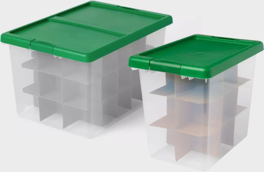 2 ornament storage boxes with green lids