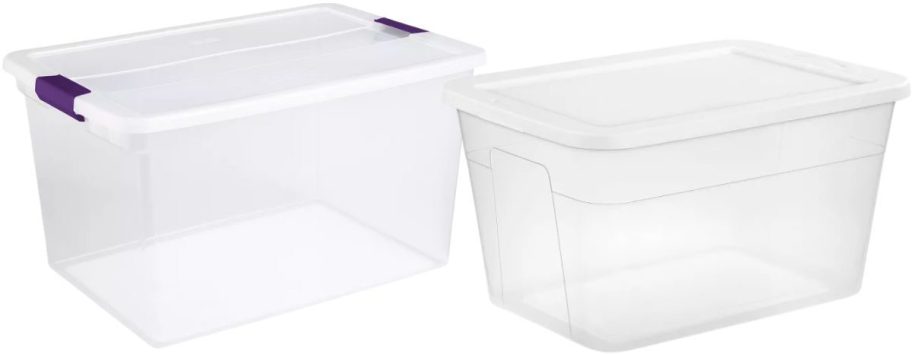 two clear storage boxes with white lids