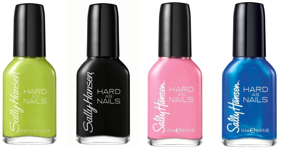 four bottles of Sally Hansen Hard as Nails Nail Polish in different colors