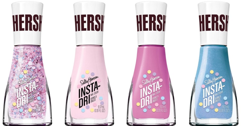four bottles of Sally Hansen x Hershey's Nail Polish in different colors