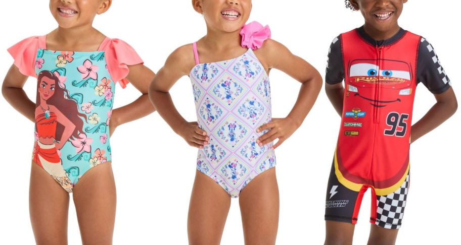 3 kids wearing character swim suits