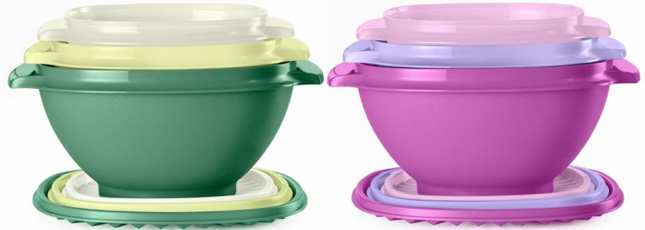 tupperware 6 piece food storage sets in green and purple