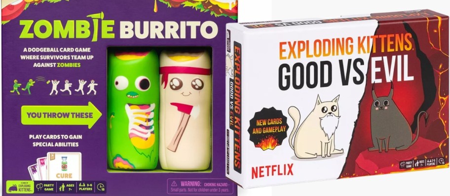 Exploding Kittens Zombie Burrito Game and Good vs Evil Game boxes