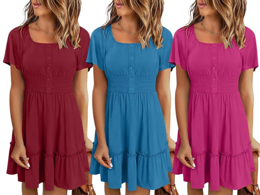 3 women wearing Anrabess Short Sleeve Button Down Sundresses