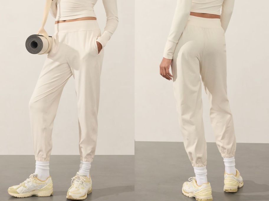 front and back view of Athleta Softluxe High Rise Joggers in Bone Heather