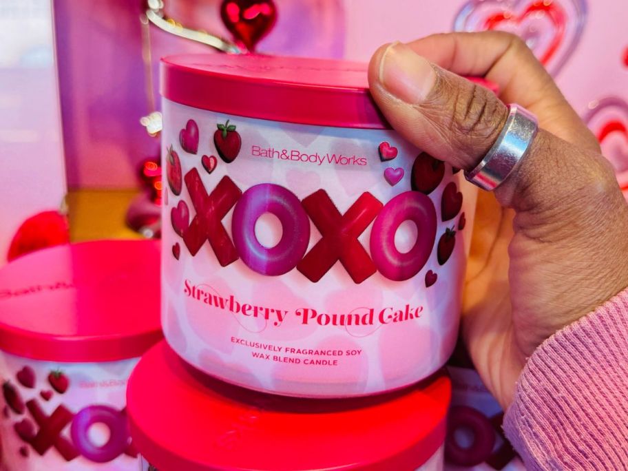 A Bath and Body Works Strawberry Pound Cake 3-wick Candle