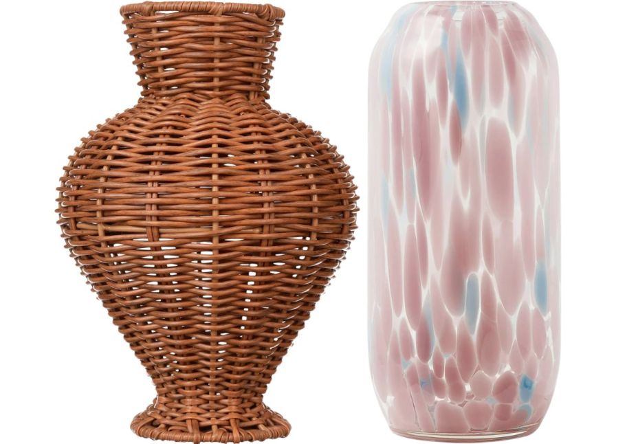 rattan and painted glass vases stock images