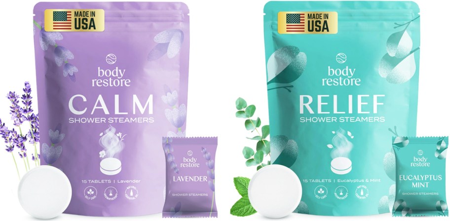 purple and blue bags of Body Restore Shower Steamers