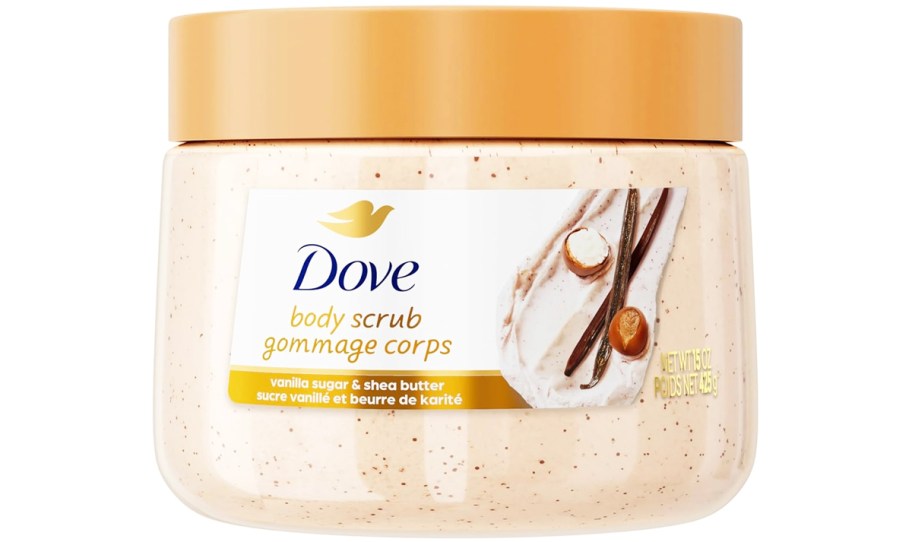 jar of Dove Body Scrub in Vanilla Sugar & Shea Butter scent