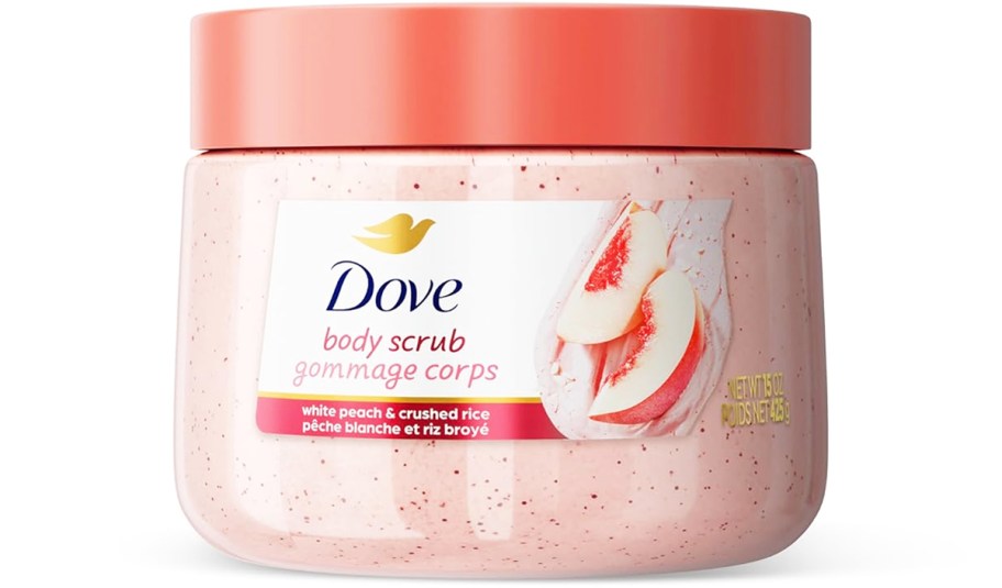 jar of Dove Body Scrub in White Peach & Crushed Rice scent
