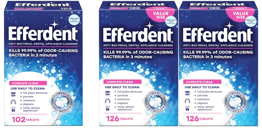 three boxes of Efferdent Complete Clean Dental Cleaning Tablets