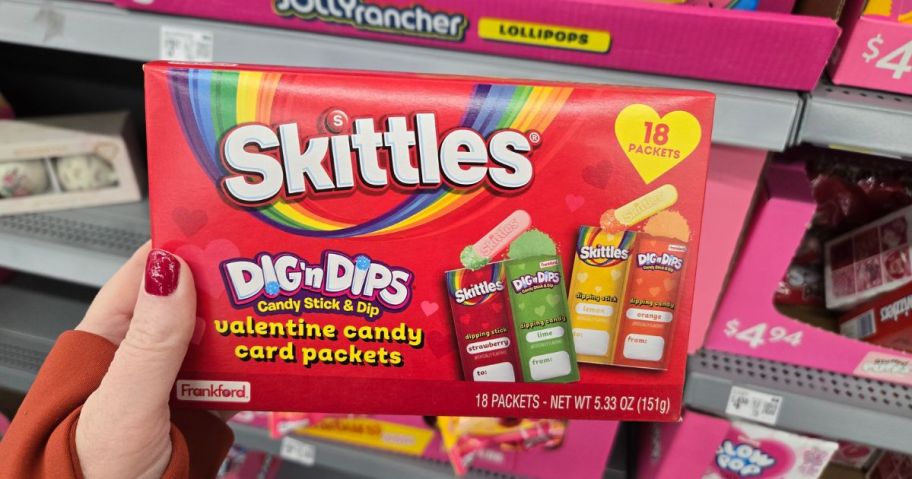 Frankford Skittles Valentine Dig N Dips Exchange Candy 18-Count in hand in store