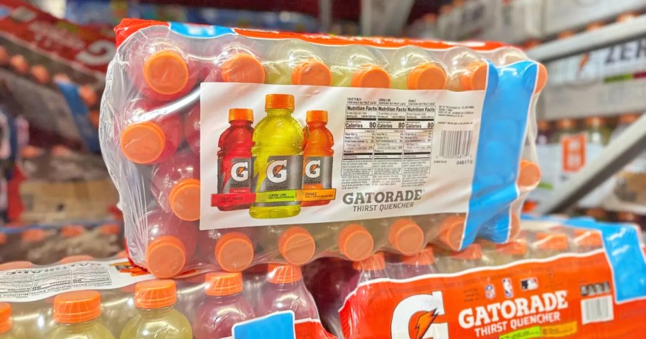 a stack of gatorade cases on a pallet at Sam's Club