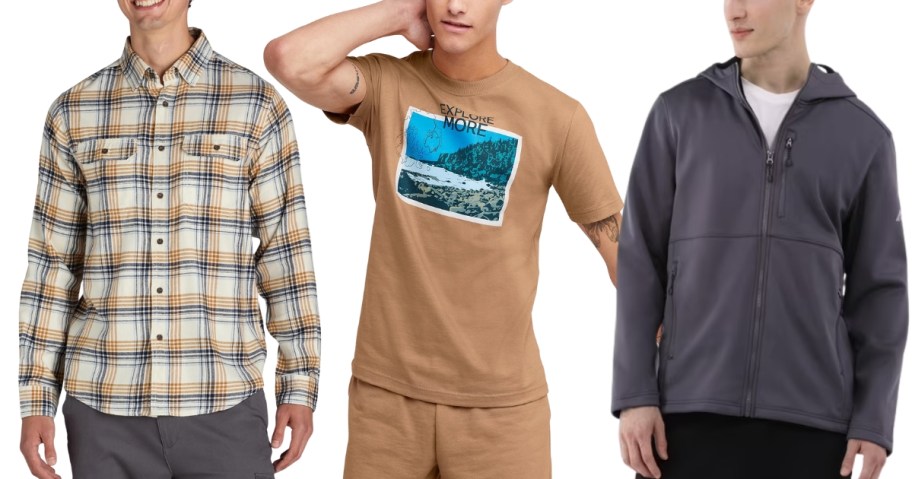 3 male clothing models wearing different shirts and a jacket